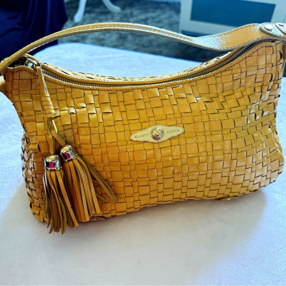 Elliott Lucca Mustard Woven Leather Shoulder Bag with Tassels